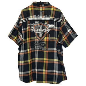 Raw Blue Mens Plaid Embroidered Button Shirt Size 4XL Grunge Skater Biker Y2K